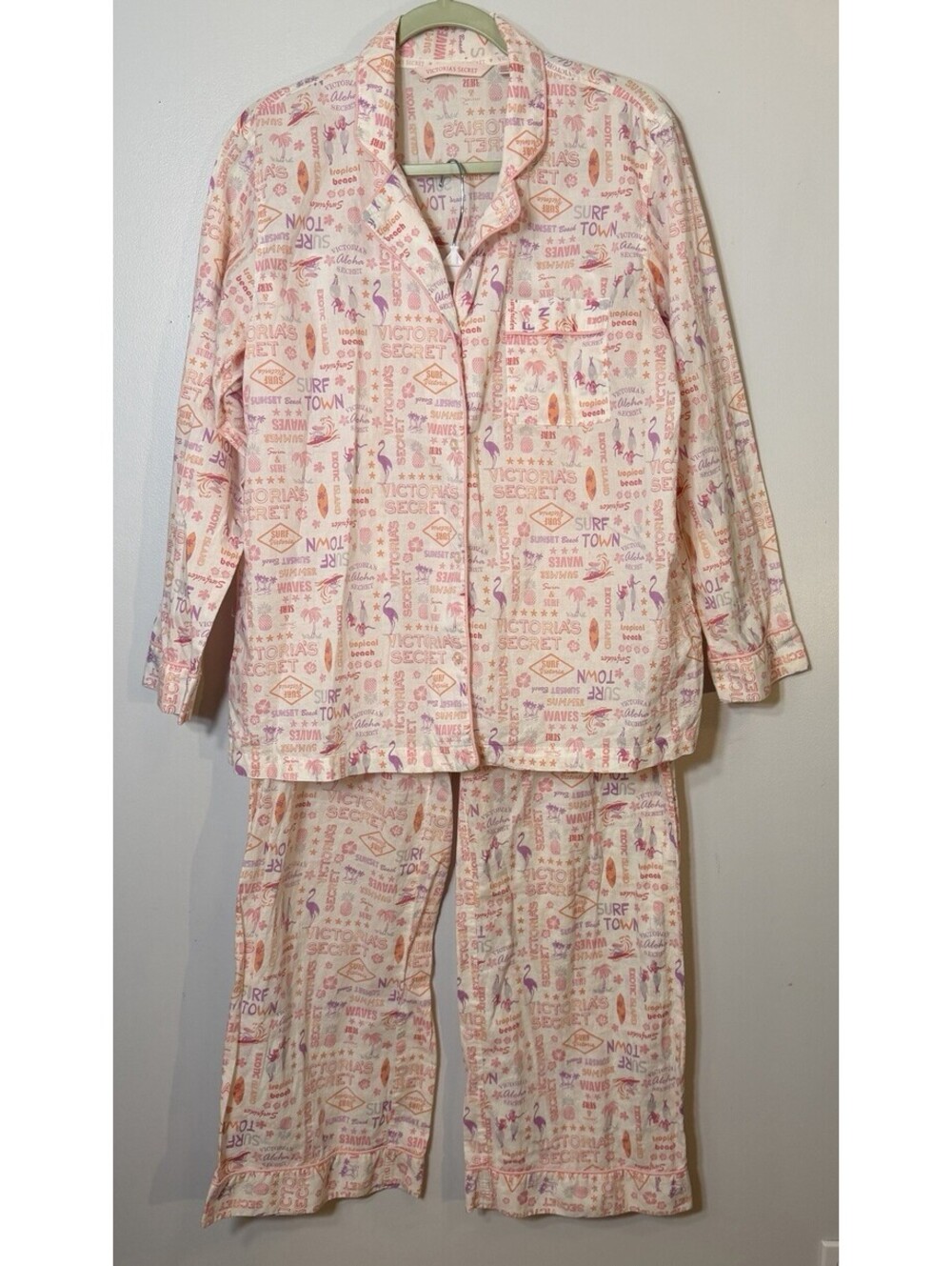 Victoria Secret Pajama Set Pink Flamingo Surf Beach Sleepwear Small Embroidered